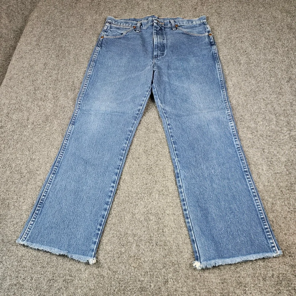 Wrangler 936DEN Cowboy Cut Slim Fit Frayed Hem Jeans Blue Denim 35x27
